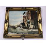 MAX BRANDRETT AN ORNATE GILT FRAMED OIL ON CANVAS OF A DUTCH WINTER TRADE SCENE SIGNED M BRANDRETT