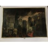 A FRAMED OIL ON BOARD SIGNED PLANTE VIEW OF A CITY SKYLINE 62CM BY 90CM