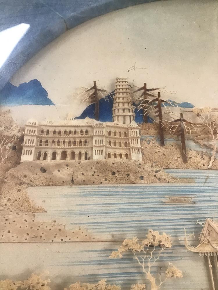 A FRAMED AND GLAZED ORIENTAL CORK PICTURE OF A PALACE AND SEASCAPE, H47CM X W47CM - Image 5 of 6