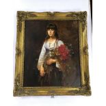 A FRAMED OIL ON CANVAS SIGNED IVAN PORTRAIT OF A GIRL WITH FLOWERS 75CM BY 65CM