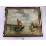 A GILT GESSO FRAMED OIL ON BOARD OF YACHTS (FRAME A/F) SIGNED INDISTINCTLY R VIARE, H57CM X W69CM