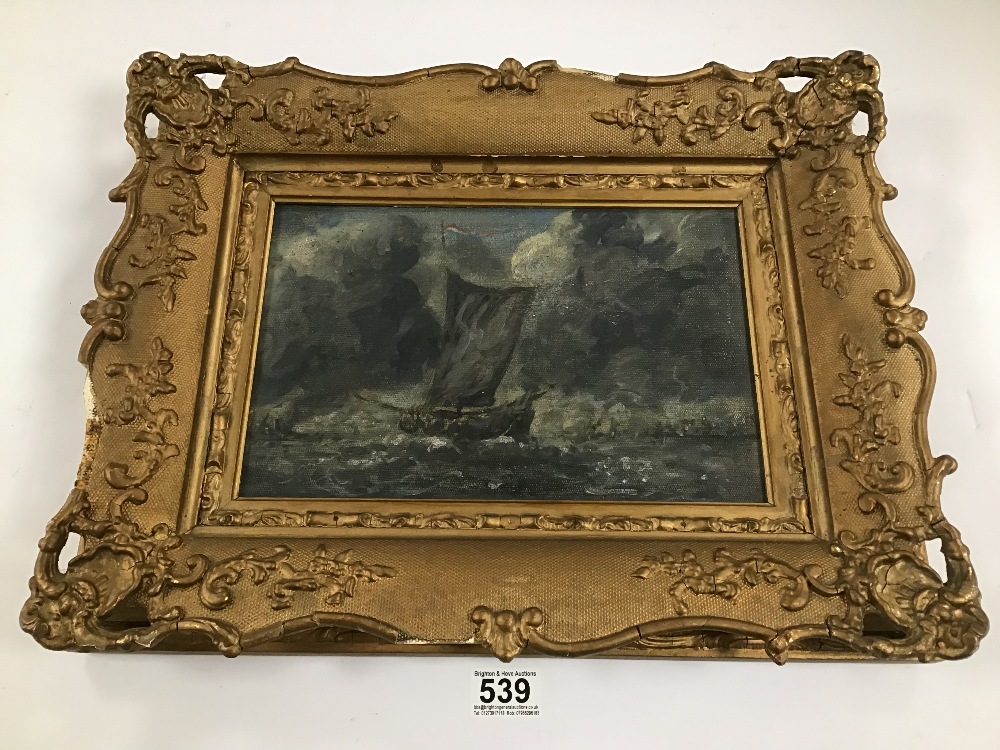 A GILT FRAMED ORIGINAL VICTORIAN OIL ON CANVAS OF A SAILING SHIP AT SEA UNSIGNED, H37CM X W48CM