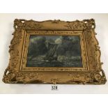 A GILT FRAMED ORIGINAL VICTORIAN OIL ON CANVAS OF A SAILING SHIP AT SEA UNSIGNED, H37CM X W48CM