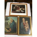 THREE FRAMED AND GLAZED PRINTS OF RELIGIOUS INTEREST INCLUDING 'ADORATION OF THE CHILD', 'SUPPER