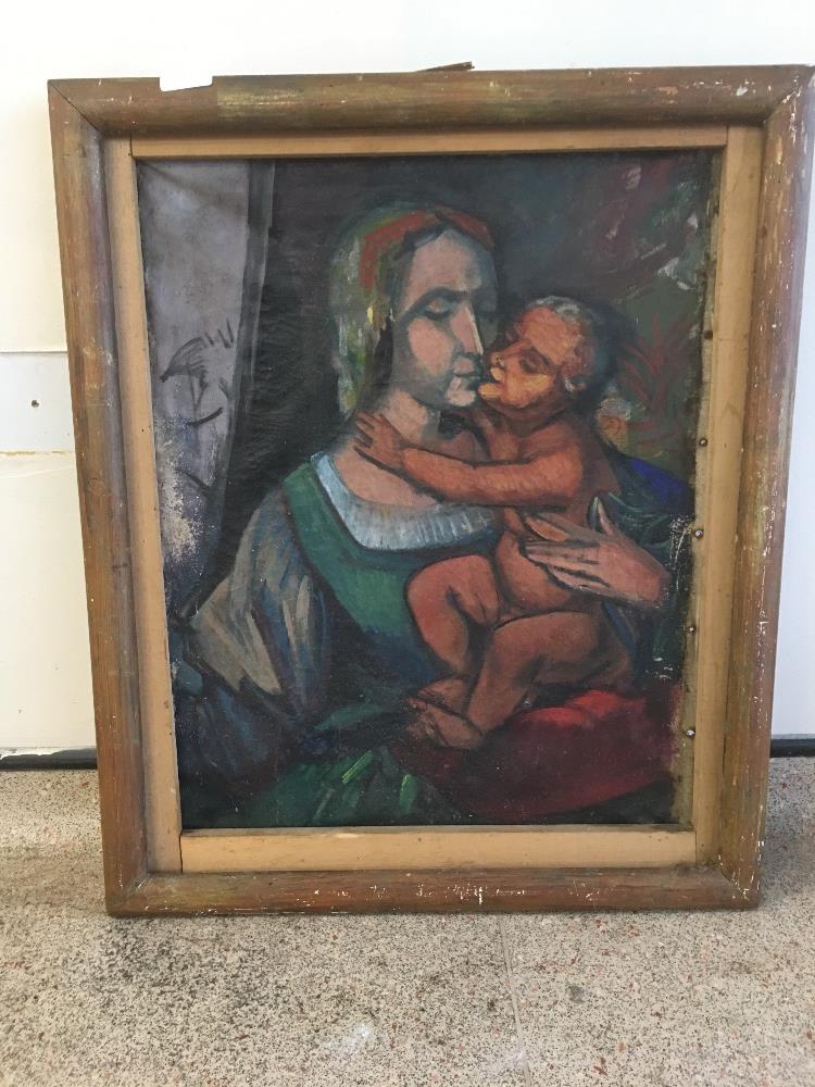 A FRENCH ATTIC FIND LARGE ANTIQUE WOODEN FRAMED OIL ON CANVAS IN THE MANNER OF GAUGUIN, H69CM X