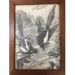 GAUTIER JEAN (FRENCH) A VINTAGE FRENCH FRAMED AND GLAZED PENCIL DRAWING OF MAGPIES AND THEIR