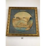 A FRAMED AND GLAZED ORIENTAL CORK PICTURE OF A PALACE AND SEASCAPE, H47CM X W47CM