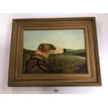 AN ANTIQUE GILT FRAMED OIL ON CANVAS OF A GREYHOUND OR WHIPPET WITH LANDSCAPE BEHIND, H57CM X W69CM