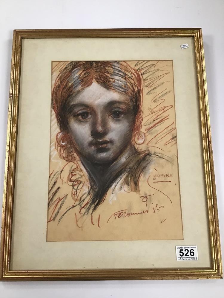 TOM O'DONNELL, A FRAMED AND GLAZED SANGUINE AND CHARCOAL POTRTRAIT OF A GIRL WITH EARRINGS