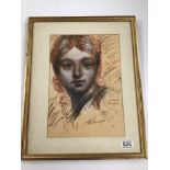 TOM O'DONNELL, A FRAMED AND GLAZED SANGUINE AND CHARCOAL POTRTRAIT OF A GIRL WITH EARRINGS