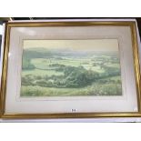 A FRAMED AND GLAZED WATERCOLOUR OF A EXTENSIVE COUNTRY SCENE SIGNED SUSAN JACKMAN 72CM BY 101CM