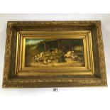 A FRAMED SIGNED OIL ON PANEL FARM YARD SCENE WITH DUCKLINGS 46CM BY 65CM