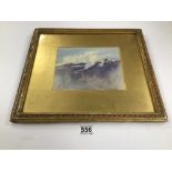 THOMAS O'DONNELL (20TH CENTURY) A GILT FRAMED WATERCOLOUR OF A MOUNTAIN LANDSCAPE WITH SNOW, H32CM X