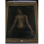 A LARGE ANTIQUE RELIGIOUS OIL ON CANVAS OF JESUS WEARING A CROWN OF THORNS UNDER GLASS AND IN A