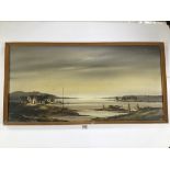 A SIGNED W PAVIL FRAMED OIL ON BOARD ESTUARY SCENE WITH COTTAGES 48CM BY 94CM