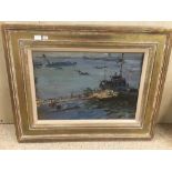 A FRAMED OIL ON BOARD OF A FISHING BOAT AT THE JETTY SIGNED TO THE REVERSE INDISTINCTLY VICTOR A