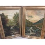 A PAIR OF GILT FRAMED OILS ON CANVAS OF STREAM AND WATERFALL SCENES UNSIGNED, ONE A/F H94CM X W63.