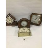 THREE 20TH CENTURY MANTLE CLOCKS, ONE BEING FRENCH IN OAK CASE, ANOTHER BY GILBERT IN ENAMELED METAL