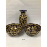 THREE CHINESE CERAMIC ITEMS, COMPRISING TWO BOWLS AND VASE, EACH WITH GILT FLORAL DECORATION ON A
