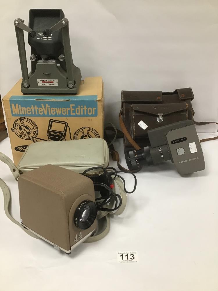 A CANON ZOOM 8 FILM CAMERA, TOGETHER WITH A MINOLTA MINI 44 SLIDE PROJECTOR AND A MINETTE VIEWER