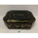 A LATE 19TH/EARLY 20TH CENTURY JAPANESE BLACK LACQUER SEWING/WORK BOX, THE LID OPENING TO REVEAL A