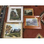FOUR FRENCH OIL ON BOARDS OF CHATEAUS AND COUNTRY SCENES, ALL FRAMED, LARGEST 41CM BY 35CM