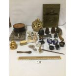 AN ASSORTMENT OF COLLECTABLES, INCLUDING HAMMERED BRASS NEWSPAPER RACK, CARVED WOODEN FIGURE AND