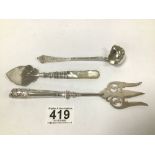 A SILVER PRESERVE SPOON WITH MOTHER OF PEARL HANDLE, TOGETHER WITH A SILVER HANDLED SERVING FORK AND