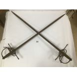 TWO MIDDLE EASTERN SWORDS WITH BASKET HILTS AND WIRE GRIPS, 95CM LONG