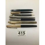 SEVEN VINTAGE PENS AND PENCILS, INCLUDING FOUR PARKER FOUNTAIN PENS, SHAEFFER GOLD PLATED FOUNTAIN