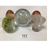 FOUR VINTAGE GLASS PAPERWEIGHTS, LARGEST 10.5CM HIGH, TOGETHER WITH A NACHTMANN PAPERWEIGHT OF A