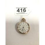 AN EARLY 20TH CENTURY WALTHAM FOB WATCH MADE IN THE USA, ROLLED GOLD CASE, THE ENAMEL DIAL WIT