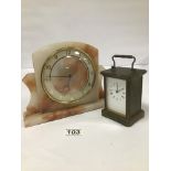 AN ART DECO MARBLE MANTLE CLOCK, TOGETHER WITH A BRASS CARRIAGE (BOTH WITH LATER QUARTZ MOVEMENTS)