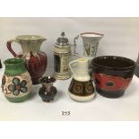 A GROUP OF WEST GERMAN CERAMICS, INCLUDING LAVA STYLE POURING JUG, BAY FLORAL VASE. A GERMAN STEIN