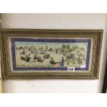 A LATE 19TH CENTURY PAINTING ON IVORY OF A MIDDLE EASTERN SCENE IN AN ORNATE FRAME 52 X 27 CMS