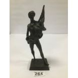 A FRENCH BRONZE FIGURE OF A MALE NUDE CLUTCHING A FLAG, SIGNED LAPORTE, 22CM HIGH