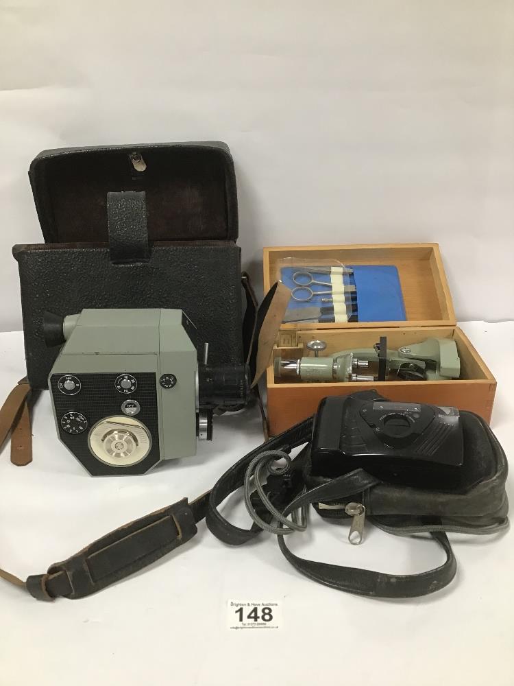 A QUARTZ 5 VINTAGE FILM RECORDER IN ORIGINAL CASE, A SMALL MICROSCOPE AND AN INSTANT CAMERA