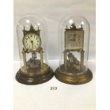 TWO 20TH CENTURY BRASS ANNIVERSARY CLOCKS WITH GLASS DOMES, ONE BY SCHATZ, LARGEST 30CM HIGH