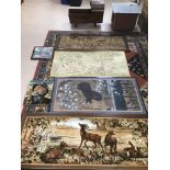 A GROUP OF VINTAGE TAPESTRIES INCLUDING SCENES OF PEOPLE BY A LAKE, DEER IN A FOREST AND MORE,