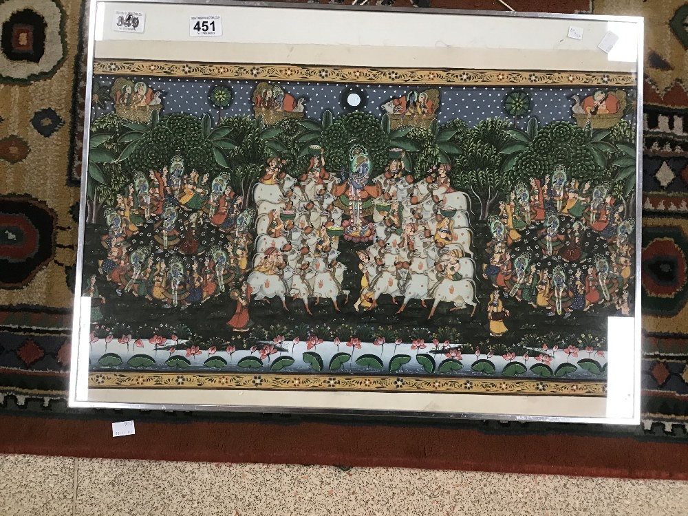 INDIAN ARTWORKS, ALL FRAMED, INCLUDING ONE SHOWING A TRADITIONAL HINDU RELIGIOUS CELEBRATION SCENE - Image 2 of 6
