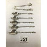A SET OF SIX EARLY 20TH CENTURY SILVER APOSTLE TEASPOONS AND A MATCHING PAIR OF SUGAR TONGS,