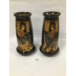 A PAIR OF LARGE BROWN GLAZE POTTERY VASES WITH MOULDED FIGURES IN RELIEF, ONE SIGNED WHITE, 34CM