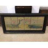 A LARGE FRAMED AND GLAZED ORIENTAL PAINTING ON SILK IN 6 PANELS 183 X 87 CM