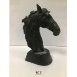 A BRONZED METAL FIGURE OF A HORSE'S HEAD, MOUNTED ON BASE WITH PLAQUE TO REVERSE 'HYDE MEADOW STUD