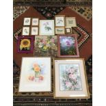 A QUANTITY OF ASSORTED FRAMED AND GLAZED PICTURES AND PRINTS SHOWING FLORAL SCENES, LARGEST 60CM