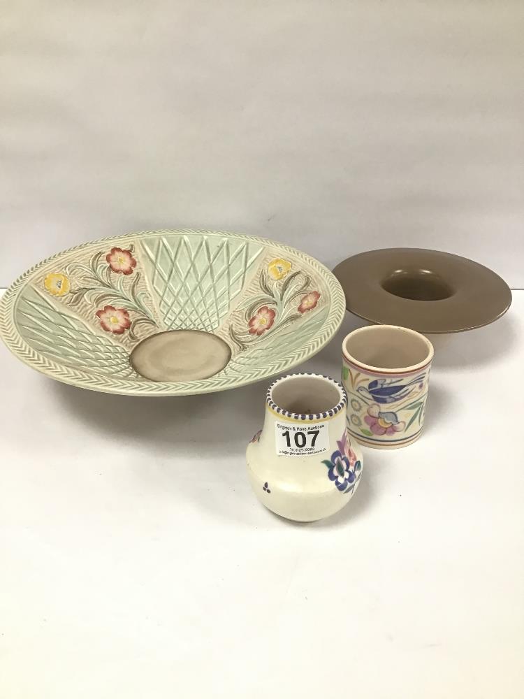 A H J WOOD CERAMIC BOWL WITH FLORAL DECORATION ON A CREAM GROUND, 31CM DIAMETER, TOGETHER WITH THREE