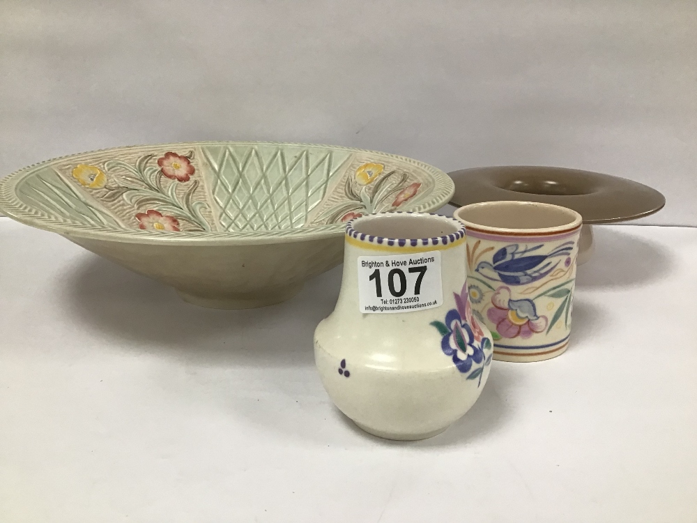 A H J WOOD CERAMIC BOWL WITH FLORAL DECORATION ON A CREAM GROUND, 31CM DIAMETER, TOGETHER WITH THREE - Image 2 of 4