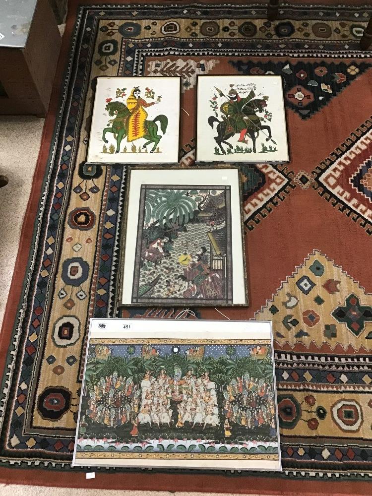 INDIAN ARTWORKS, ALL FRAMED, INCLUDING ONE SHOWING A TRADITIONAL HINDU RELIGIOUS CELEBRATION SCENE