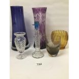 SIX GLASS VASES, INCLUDING TWO LARGE COLOURED GLASS EXAMPLES, LARGEST 32CM HIGH