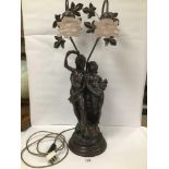 A LARGE MODERN SPELTER TABLE LAMP DEPICTING TWO CLASSICAL FIGURES, TWO BRANCH LIGHTS WITH GLASS